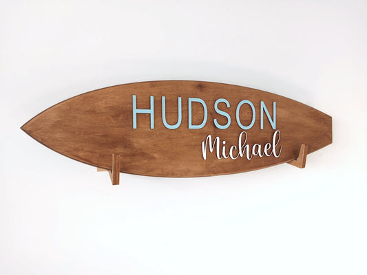 Handcrafted surfboard baby sign made from premium wood