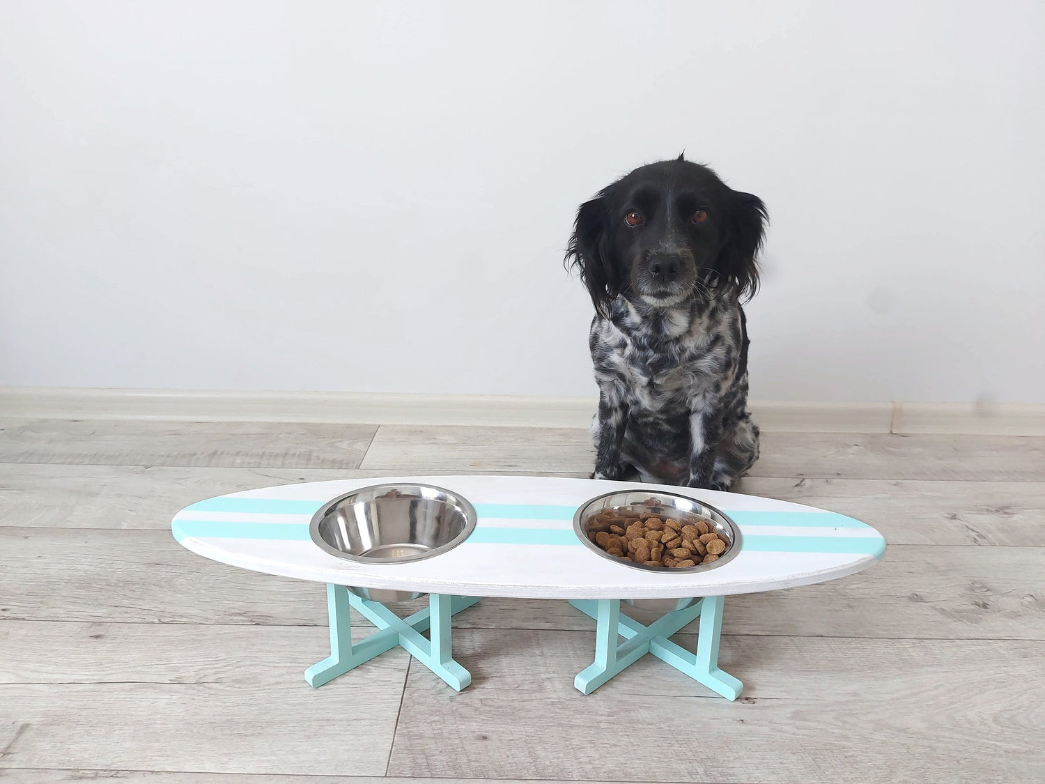 Dog bowl holder surfboard decor
