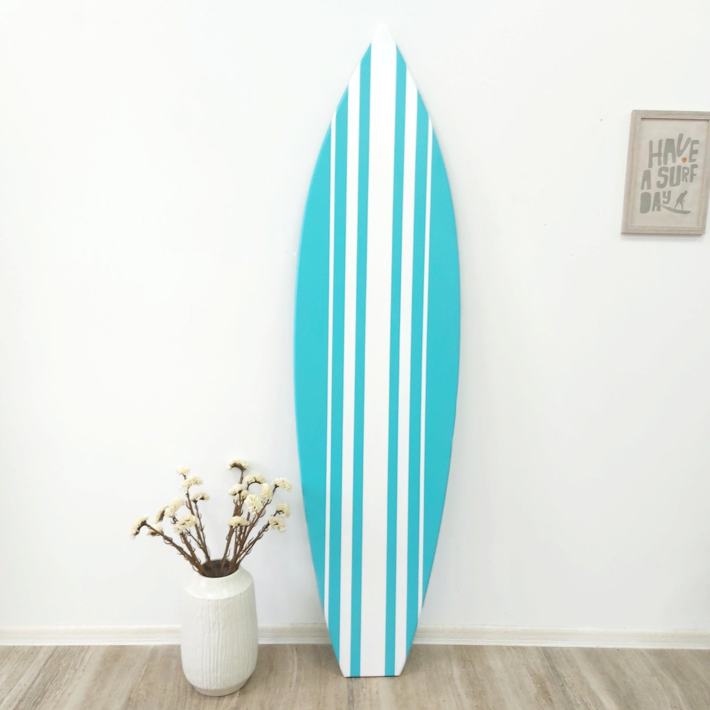 Wooden Surfboard Wall Decor With Blue Stripes