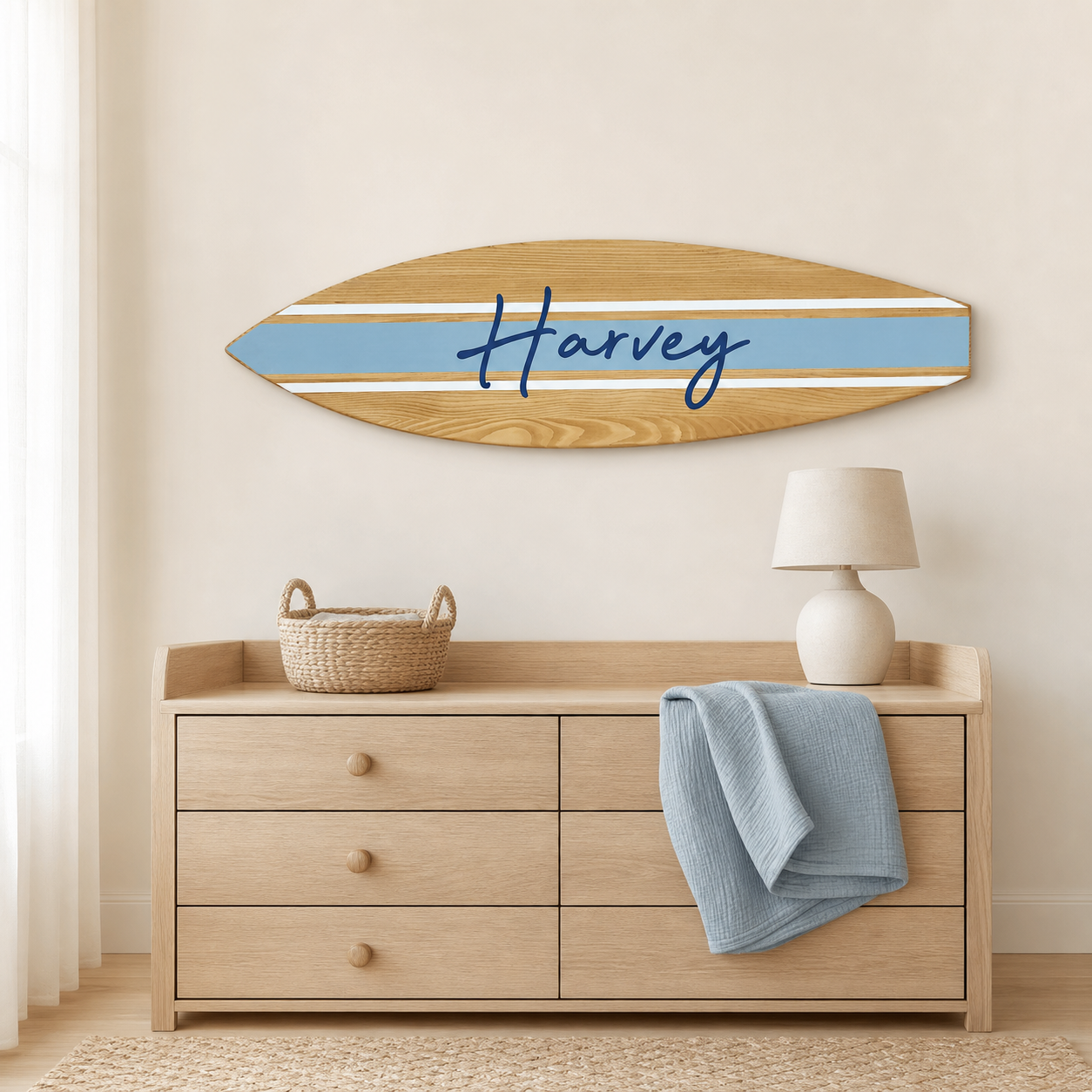 Personalized Wooden Surfboard Name Sign – Coastal Nursery Wall Decor
