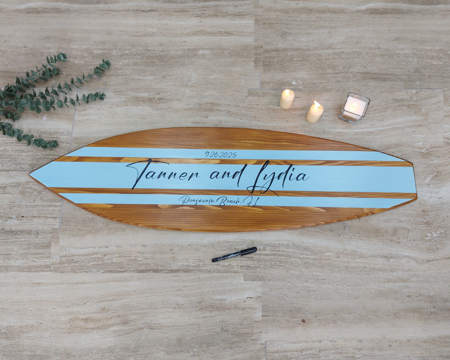 Alternative guest book wooden surfboard sign front view