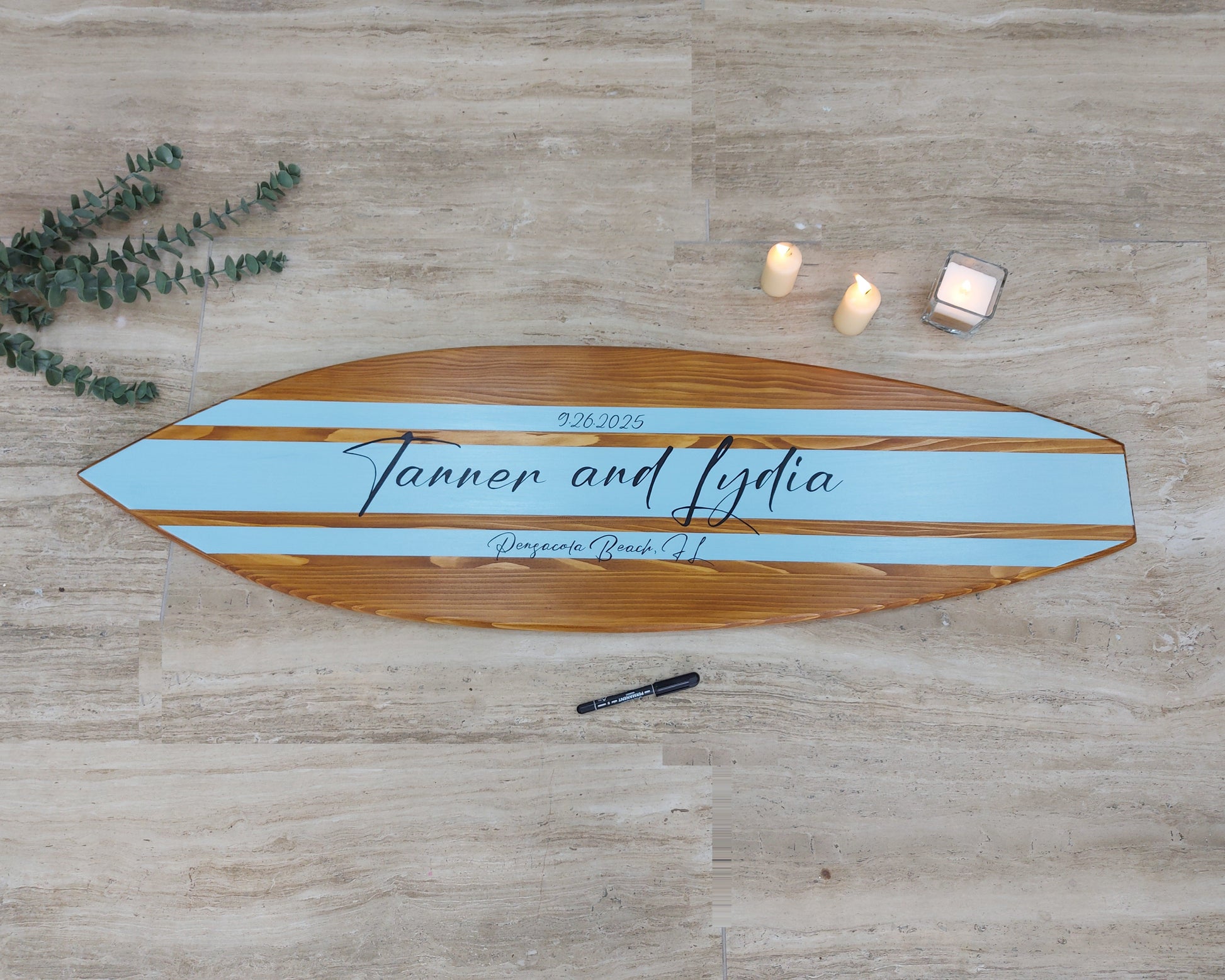 Alternative guest book wooden surfboard sign front view
