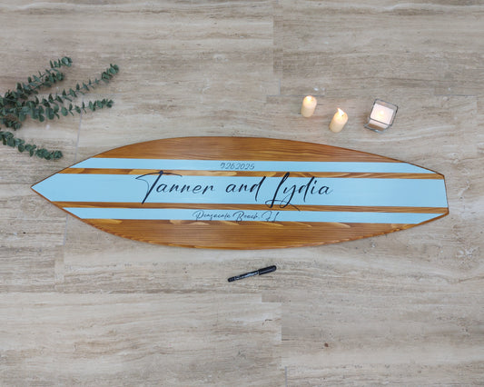 Alternative guest book wooden surfboard sign front view