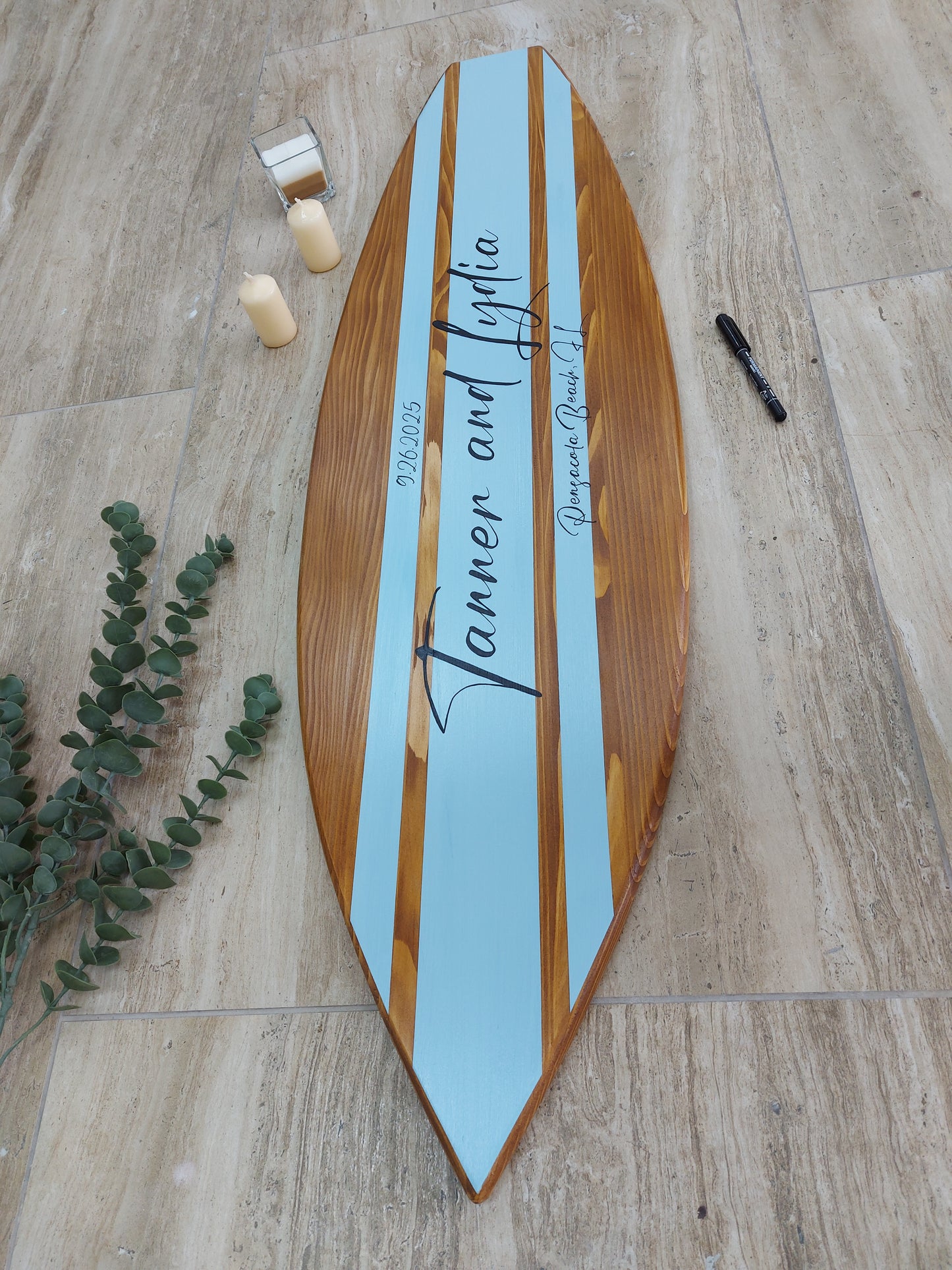 Personalized surfboard wedding sign with names and date