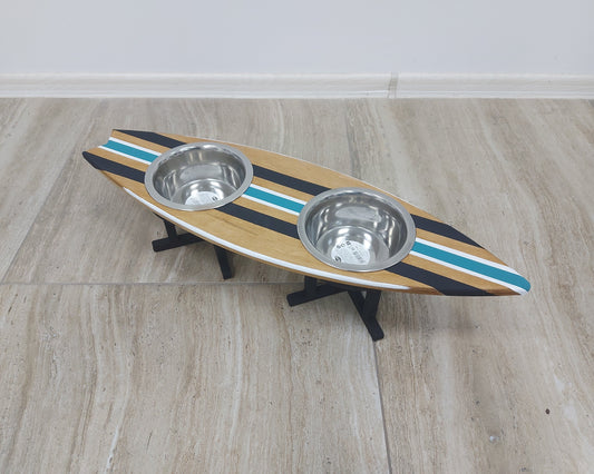 Personalized wooden surfboard dog bowl holder painted with pet’s name