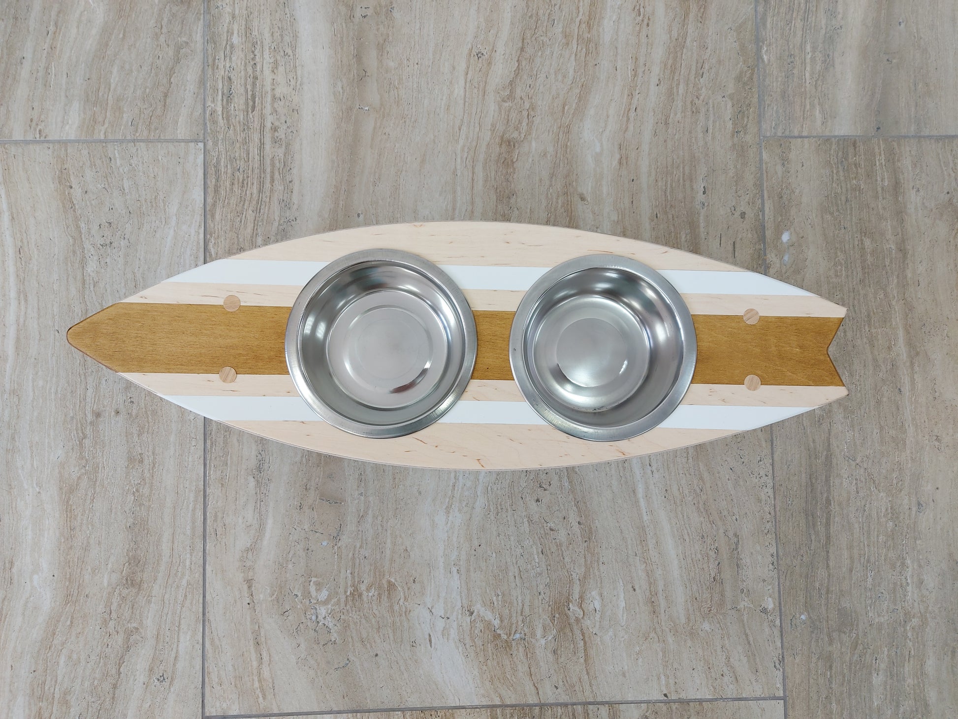 Close-up of custom painted on personalized surfboard pet feeding bowl holder