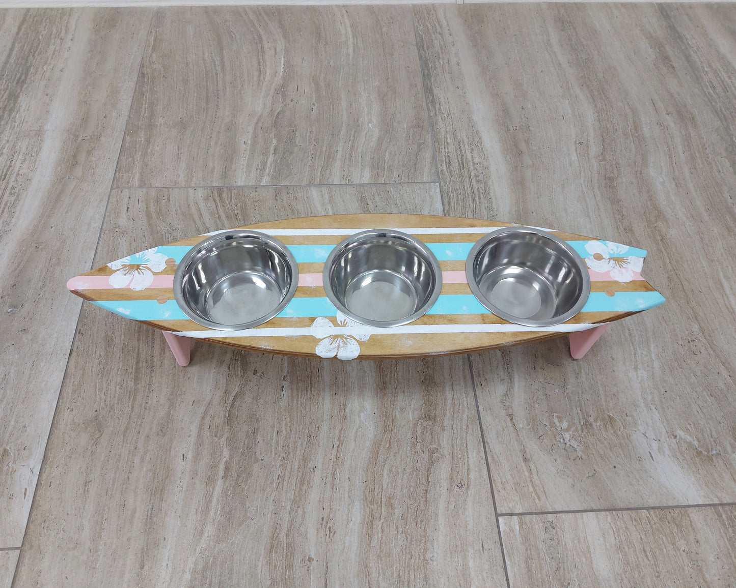 Personalized wooden surfboard dog feeding stand with painted name