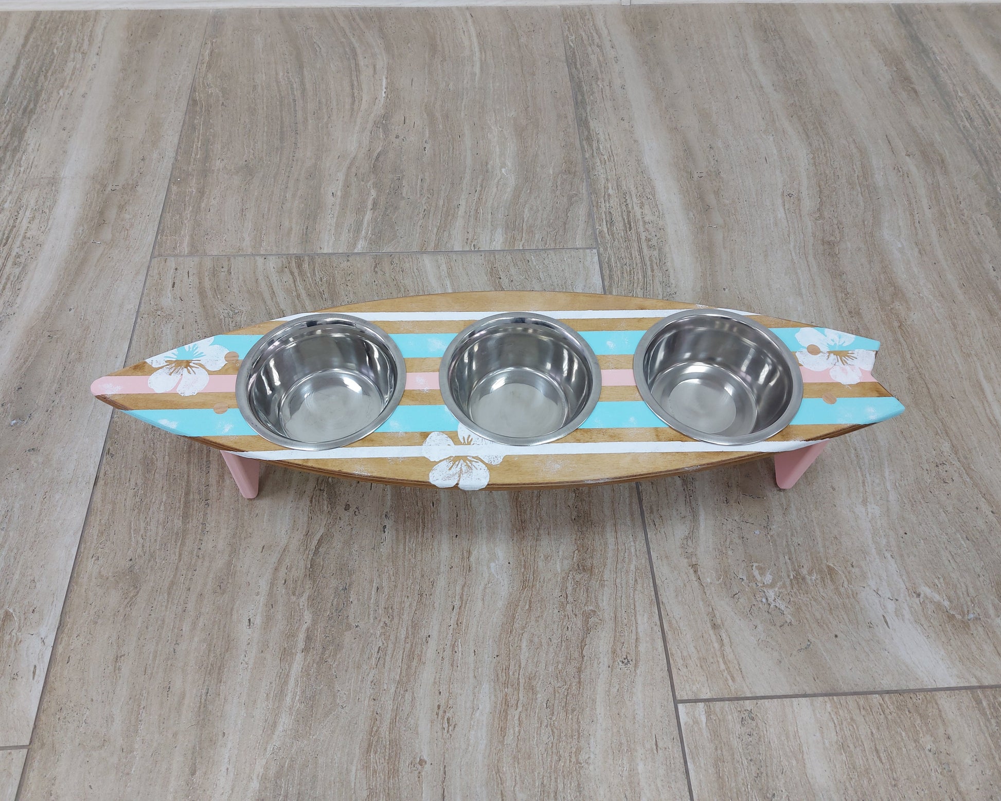 Personalized wooden surfboard dog feeding stand with painted name
