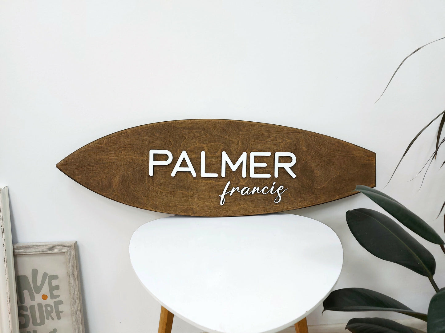 Handmade surfboard sign for nursery wall decor with baby name