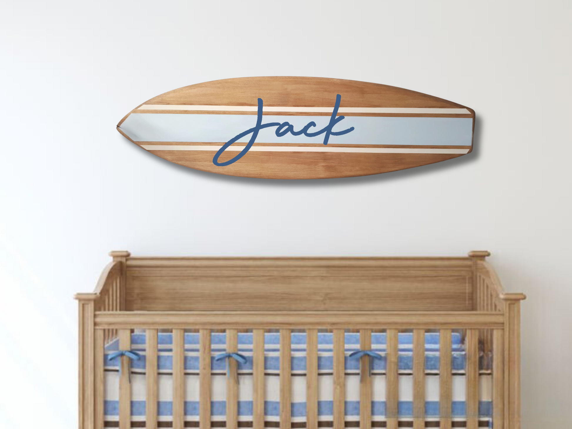 Beach-style nursery decor with handcrafted wooden name plaque