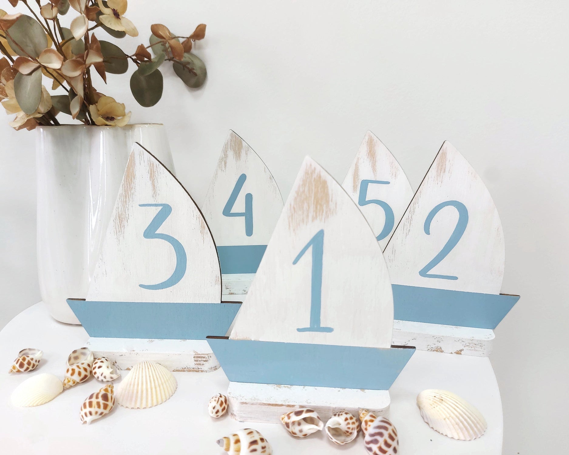 Wooden sailboats wedding table numbers beach theme party decorations set