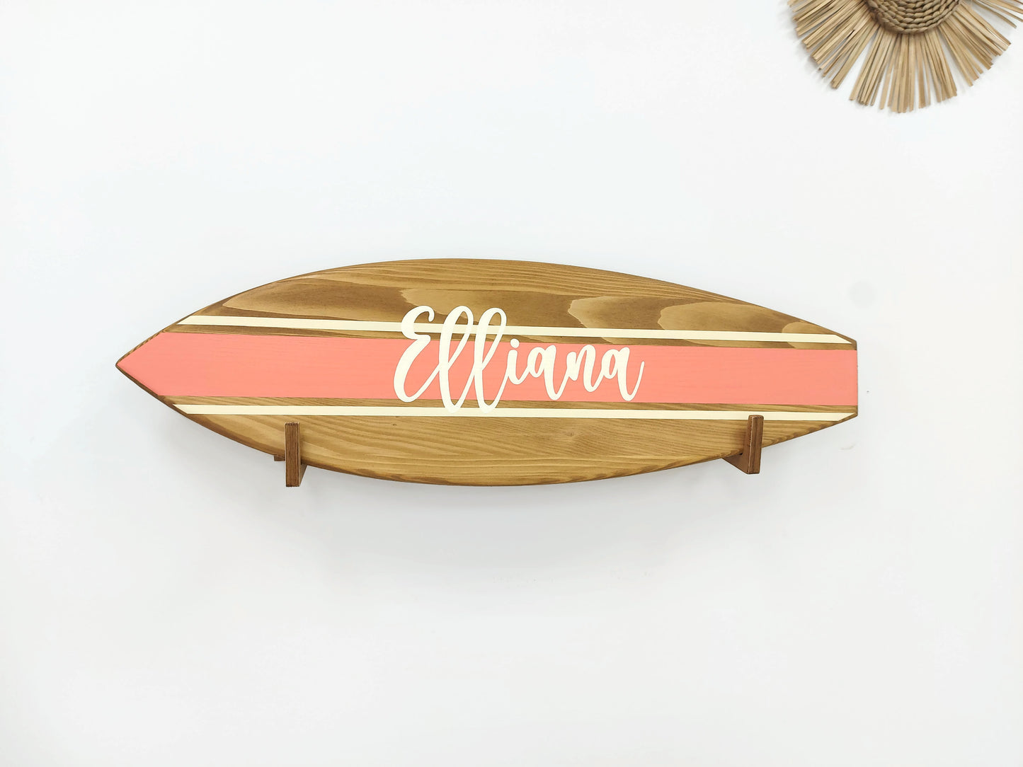 Personalized baby name sign engraved on wooden surfboard decor