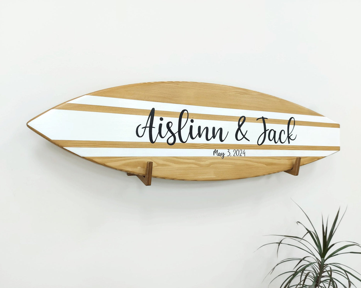 Custom wooden surfboard alternative guest book wedding sign front view