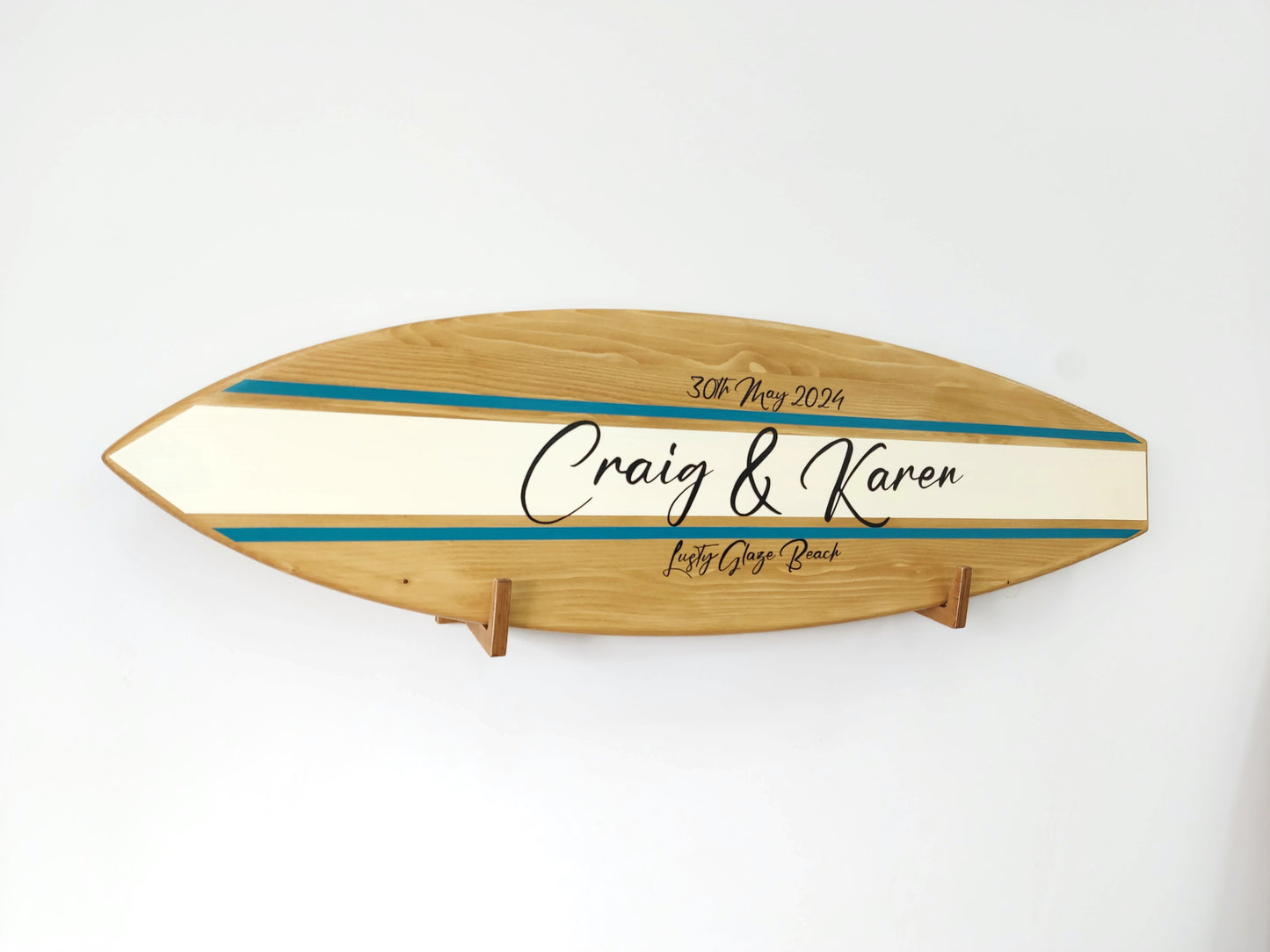 Personalized surfboard wedding sign with names and date