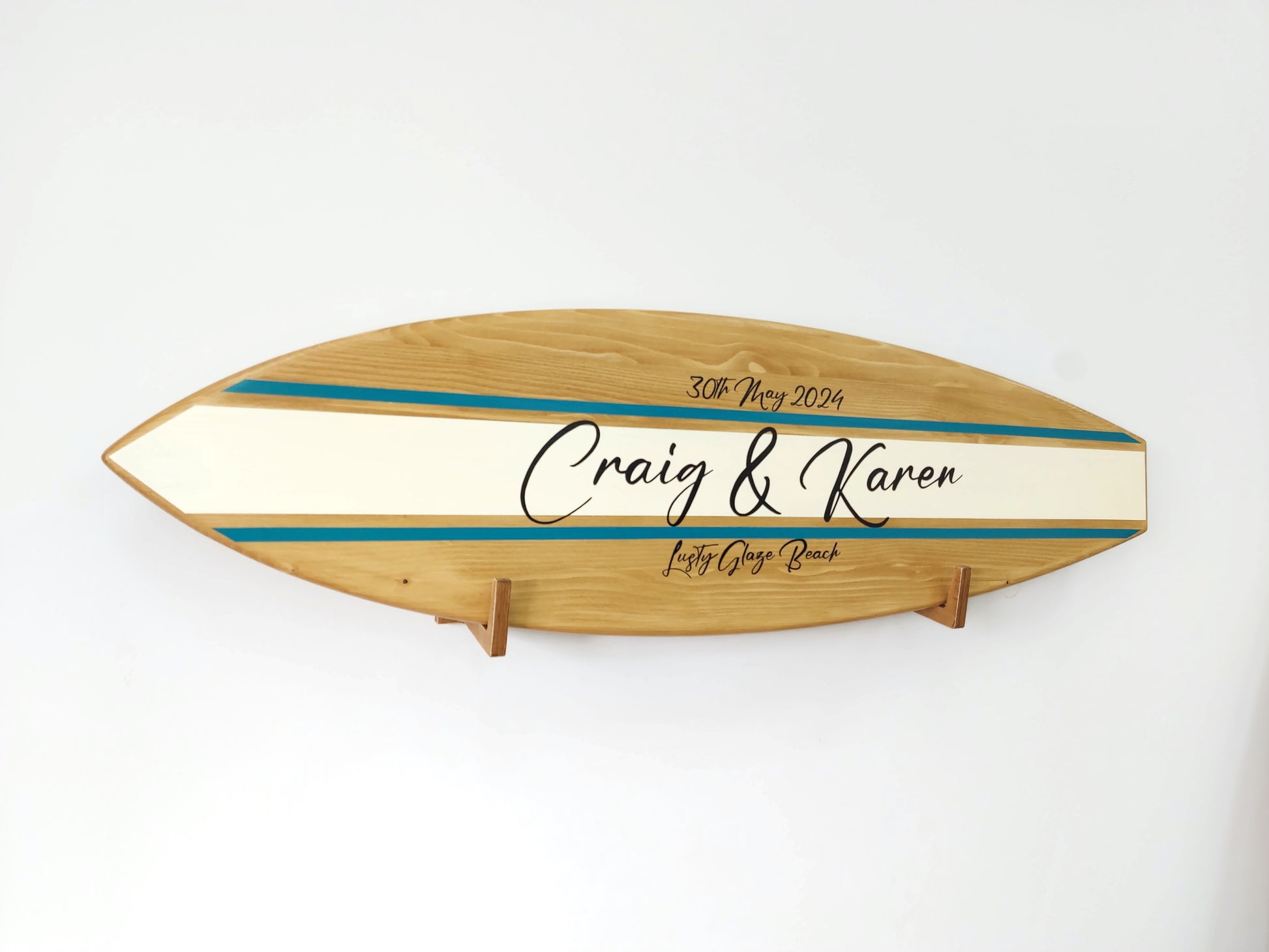 Personalized surfboard wedding sign with names and date