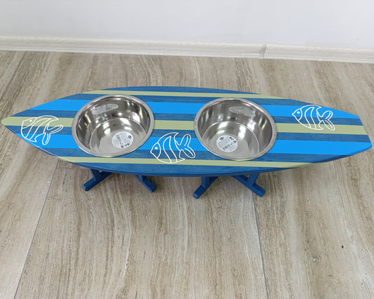 Wooden surfboard bowl holder for dog or cat personalized with custom painting