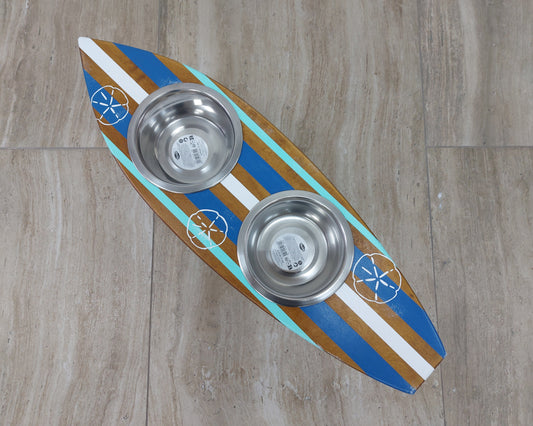 Personalized surfboard-shaped wooden dog bowl holder with pet name