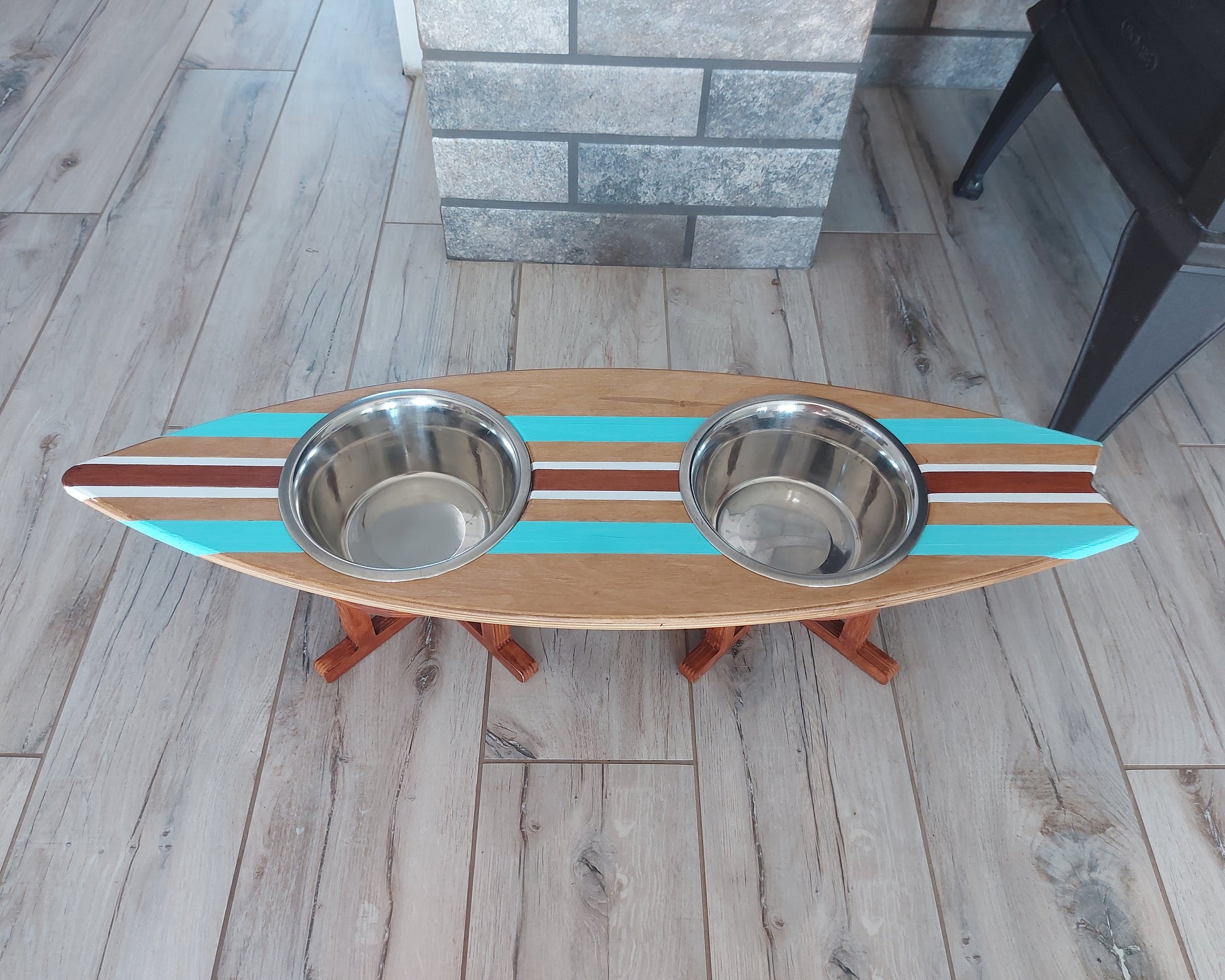 Personalized wooden surfboard dog bowl holder painted with pet name