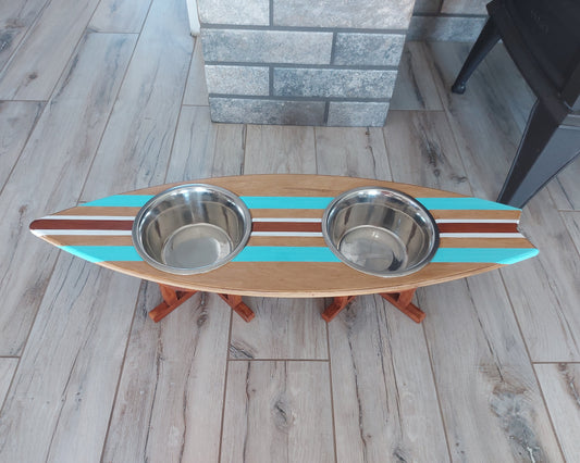Personalized wooden surfboard dog bowl holder painted with pet name