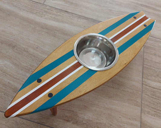 Surfboard-shaped wooden dog & cat bowl holder painted with pet name
