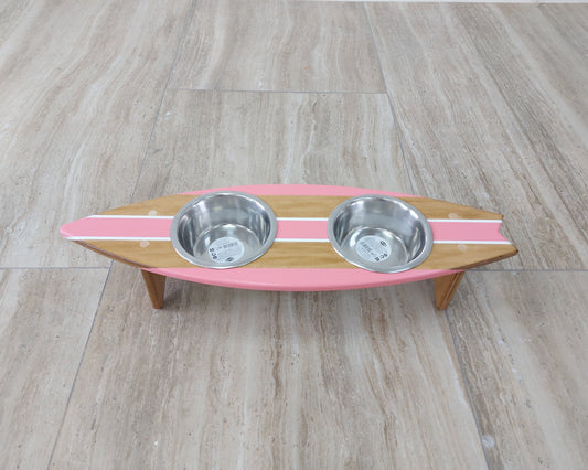 Personalized surfboard-shaped wooden dog feeding stand with optional painted name