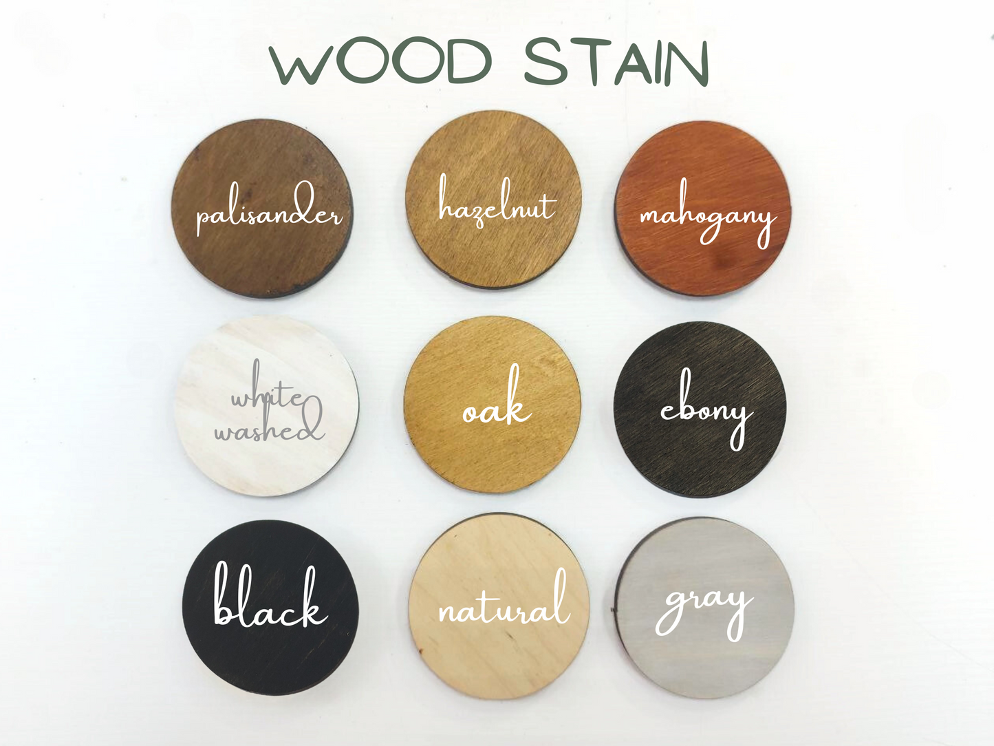 Wood stain color swatches with labels on a white background