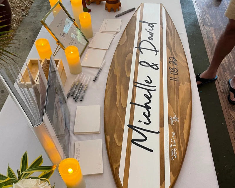 Personalized surfboard guest book wedding sign with beach theme