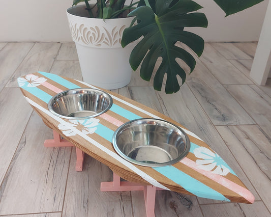 Personalized wooden surfboard pet feeding stand with painted name