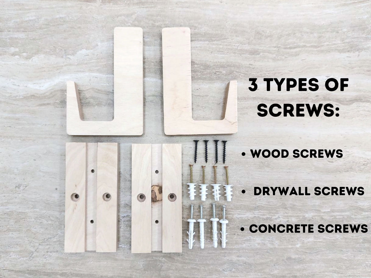 Wooden brackets with screws on a wooden surface, labeled '3 Types of Screws'.