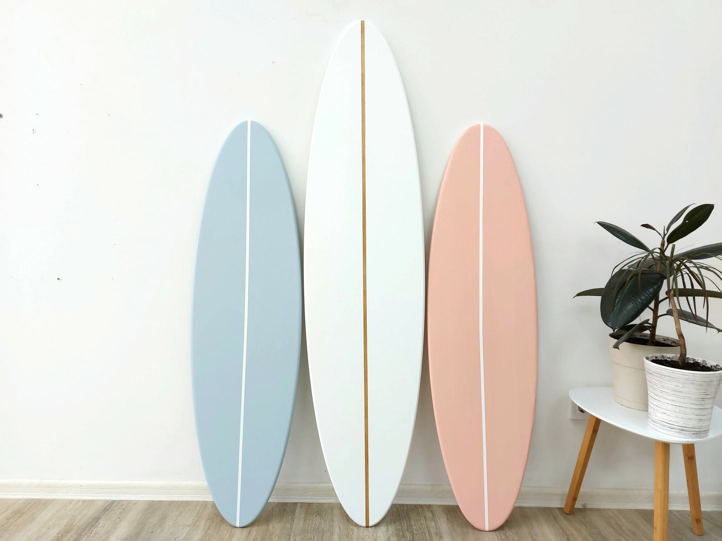 Ocean themed surfboard wall decor in living room