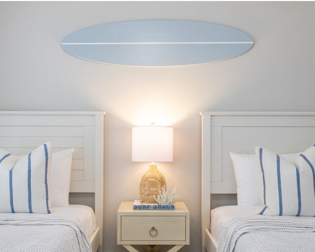 Custom surfboard wall art décor in coastal home setting