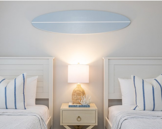 Custom surfboard wall art décor in coastal home setting