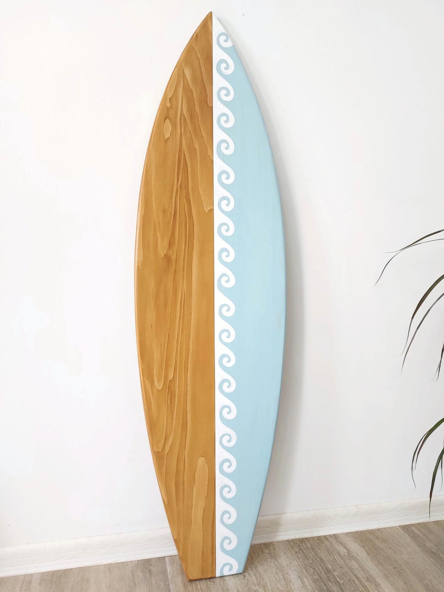 Surfboard home décor piece painted waves wooden sign