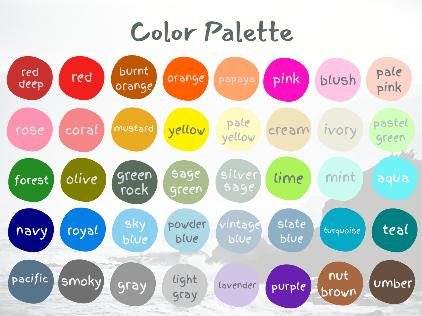 Color palette chart with labeled color swatches on a white background