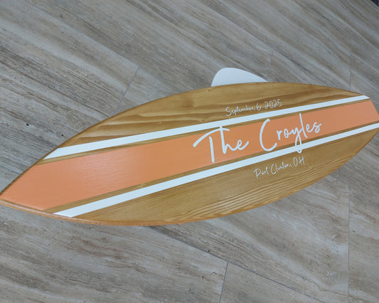 Surfboard wedding sign wooden alternative guest book front view