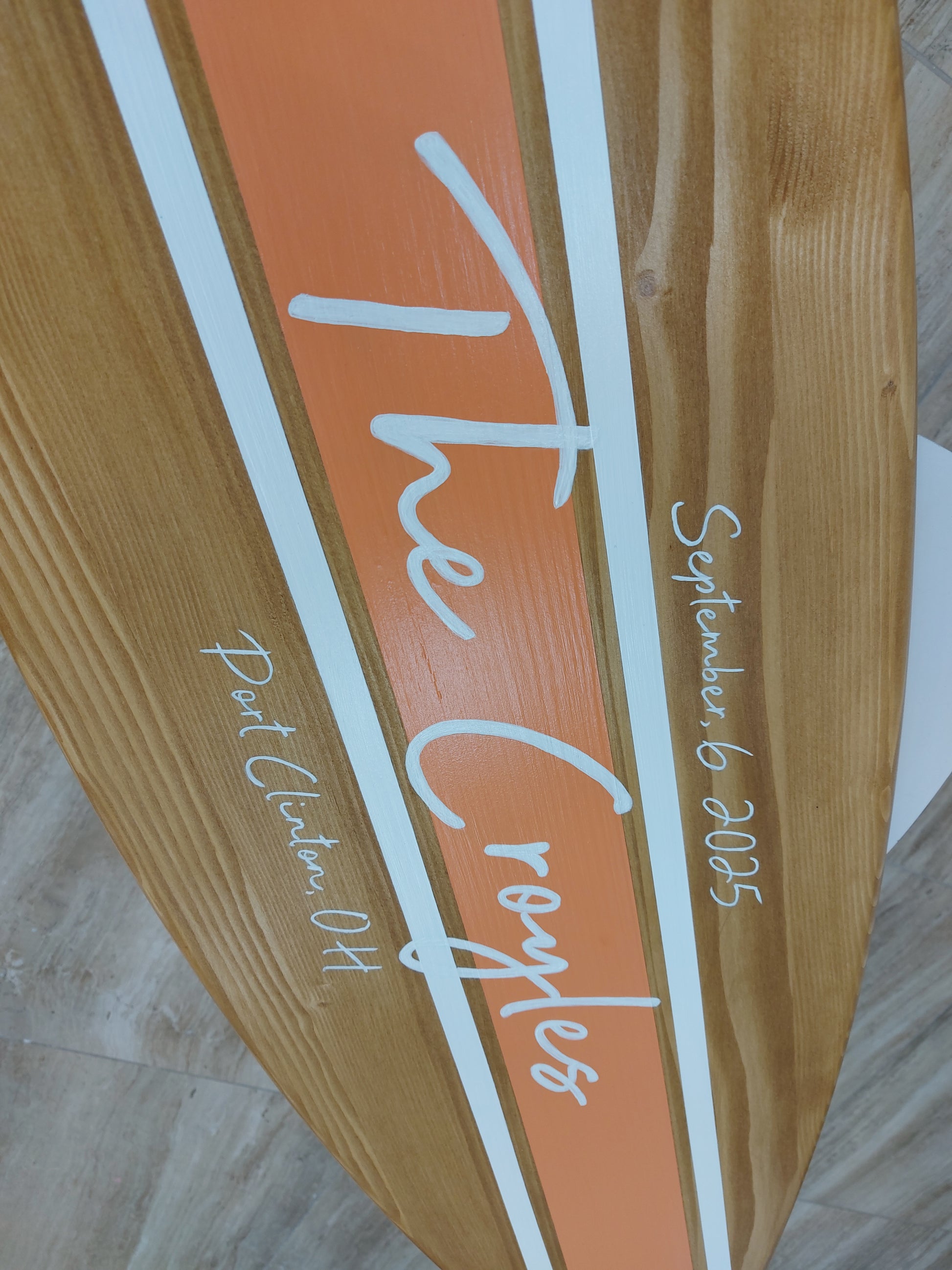 Personalized surfboard wedding sign with names and date