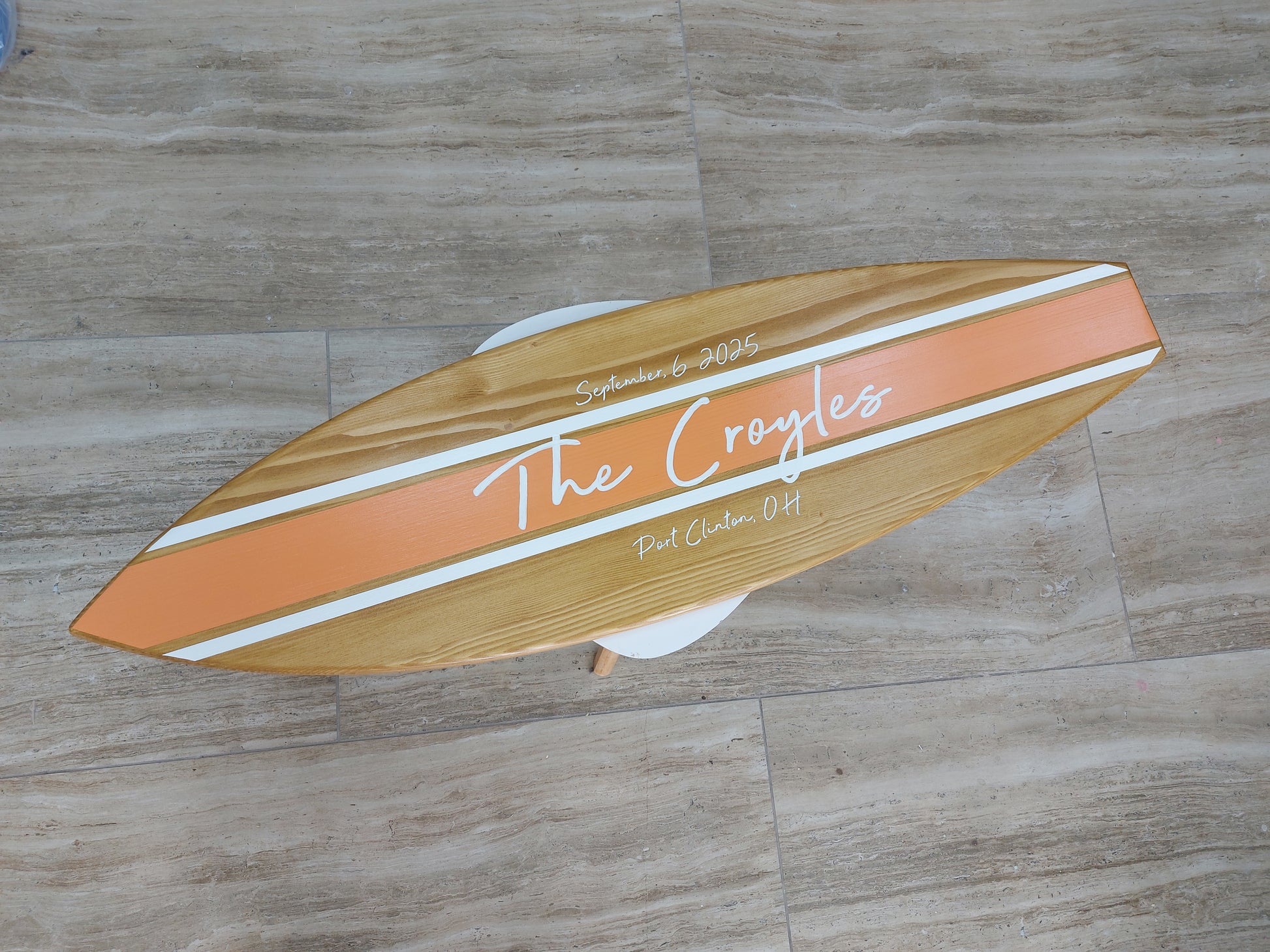 Wood surfboard wall decor wedding sign used as guest book alternative