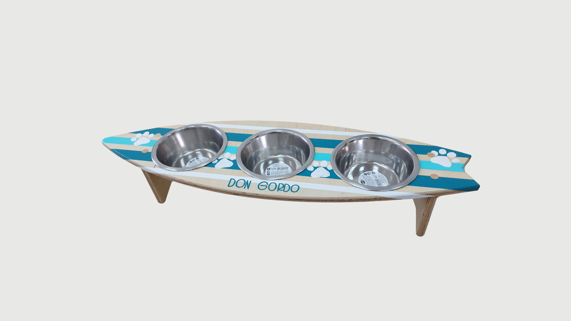 Wooden surfboard pet feeder for small and large dogs