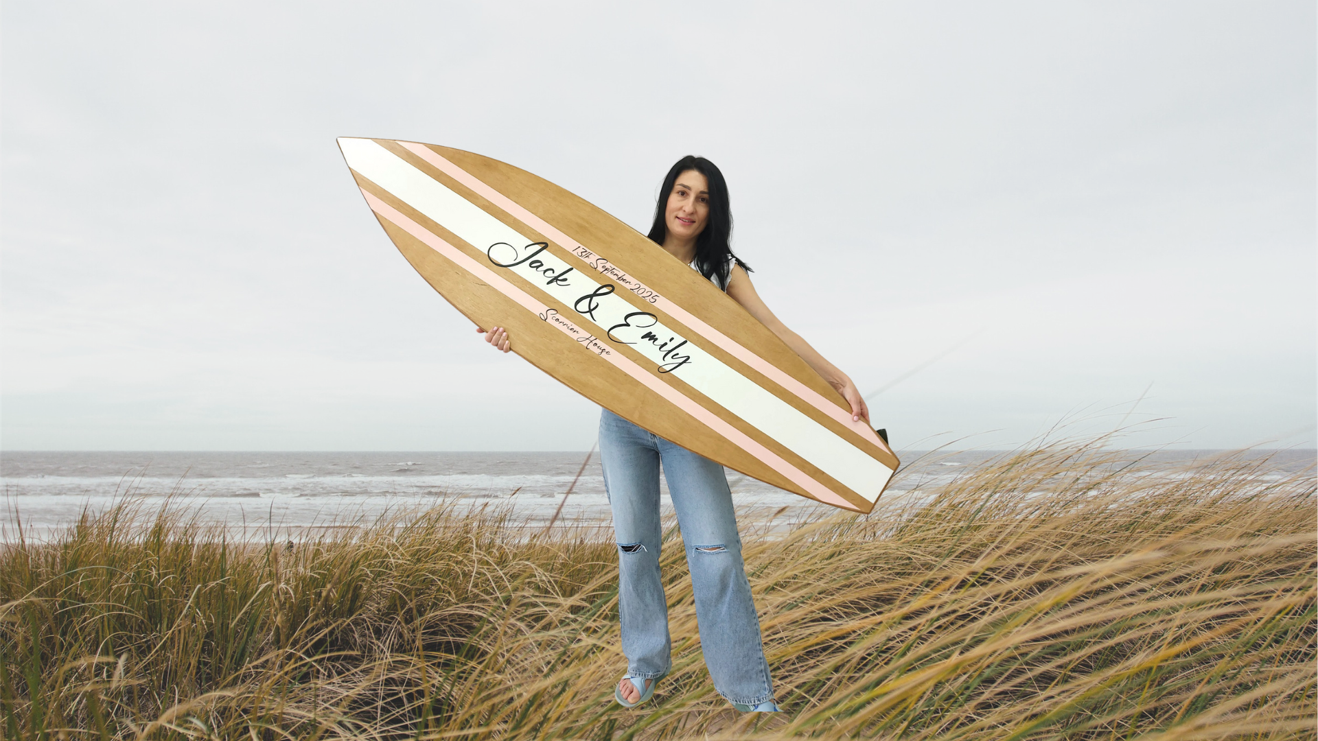 Decorative wooden surfboard for signing at wedding