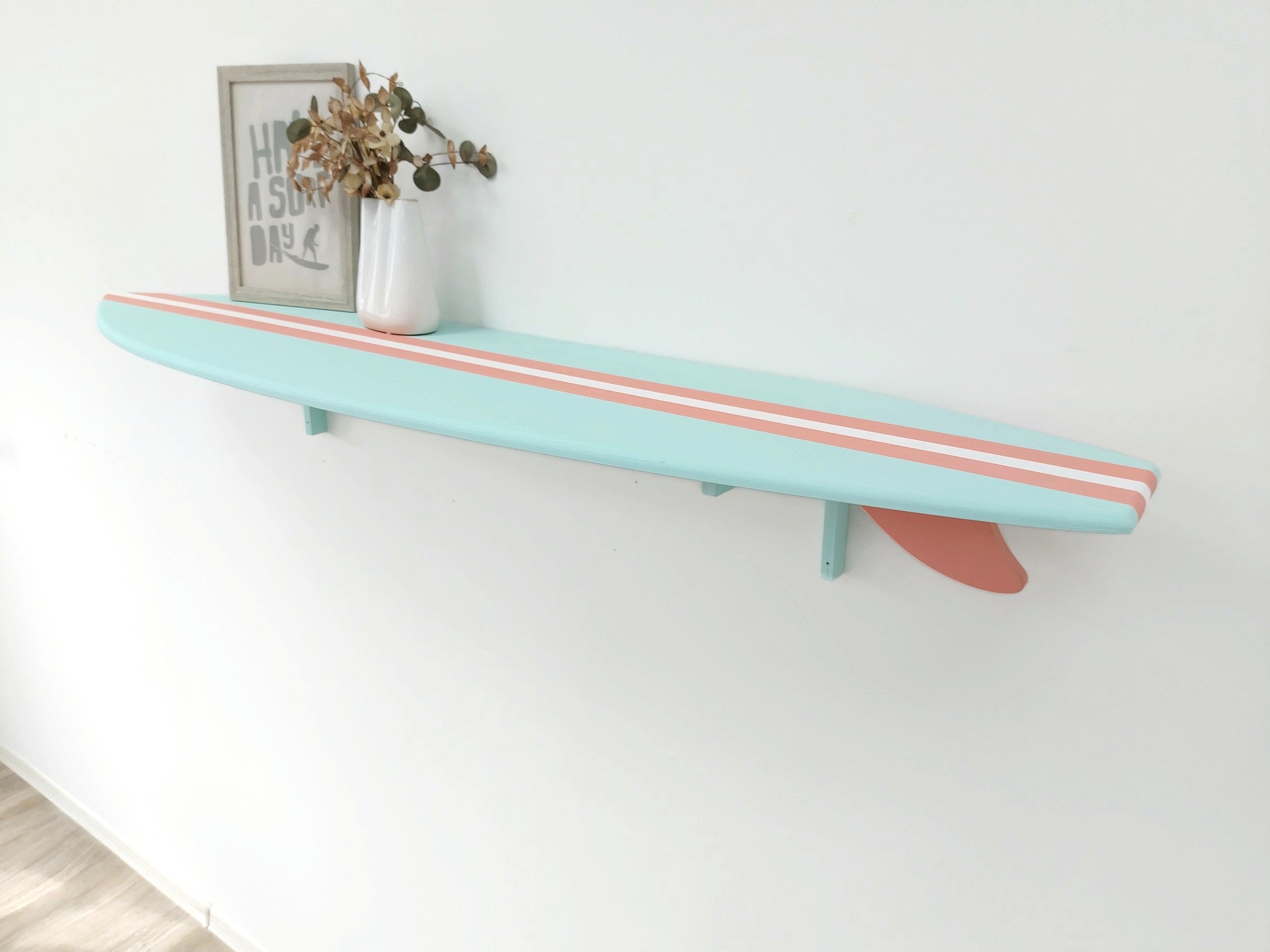 Wooden surfboard shelf for coastal interior design