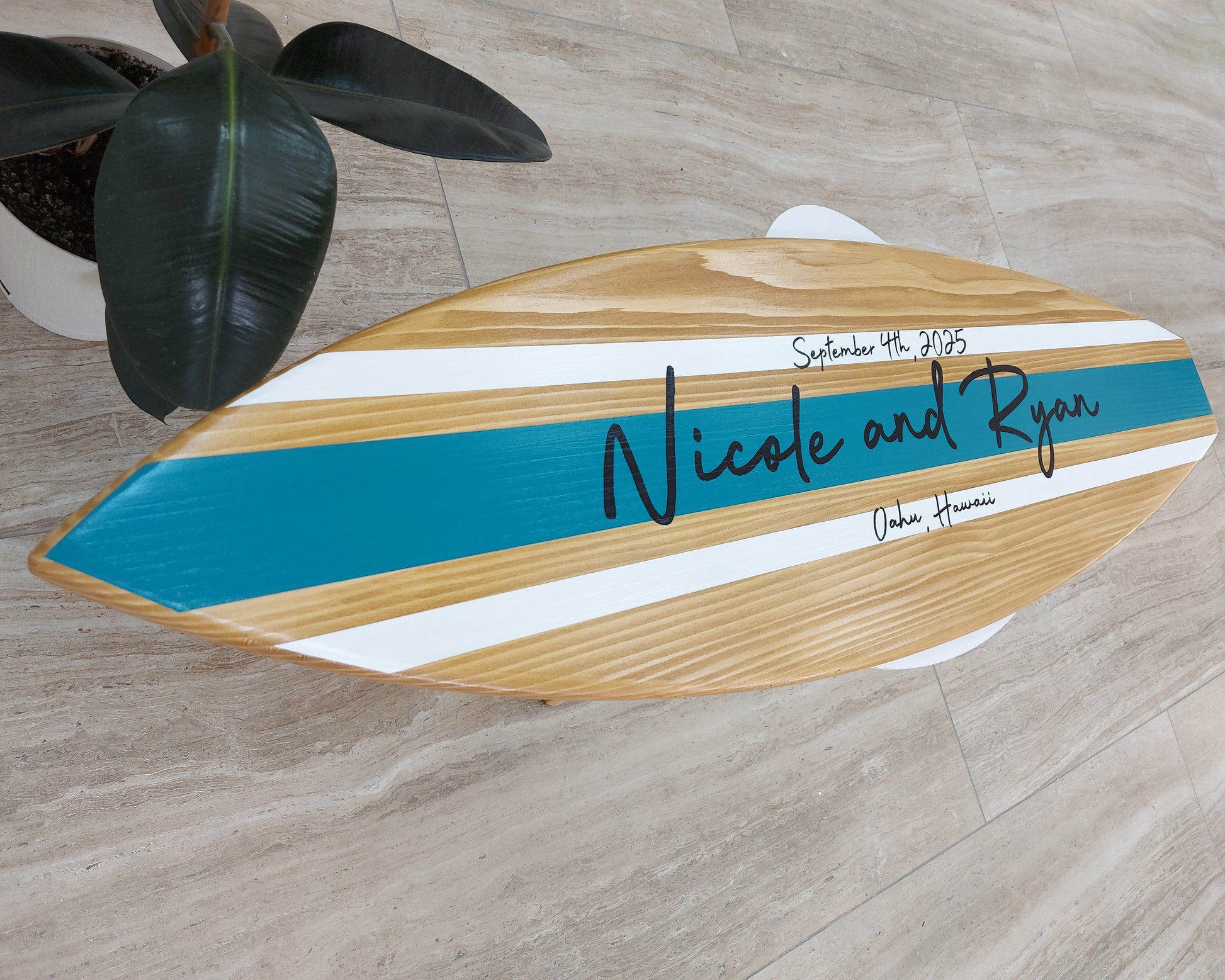 Wedding sign alternative guest book wooden surfboard front view