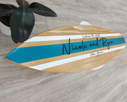 Wedding sign alternative guest book wooden surfboard front view