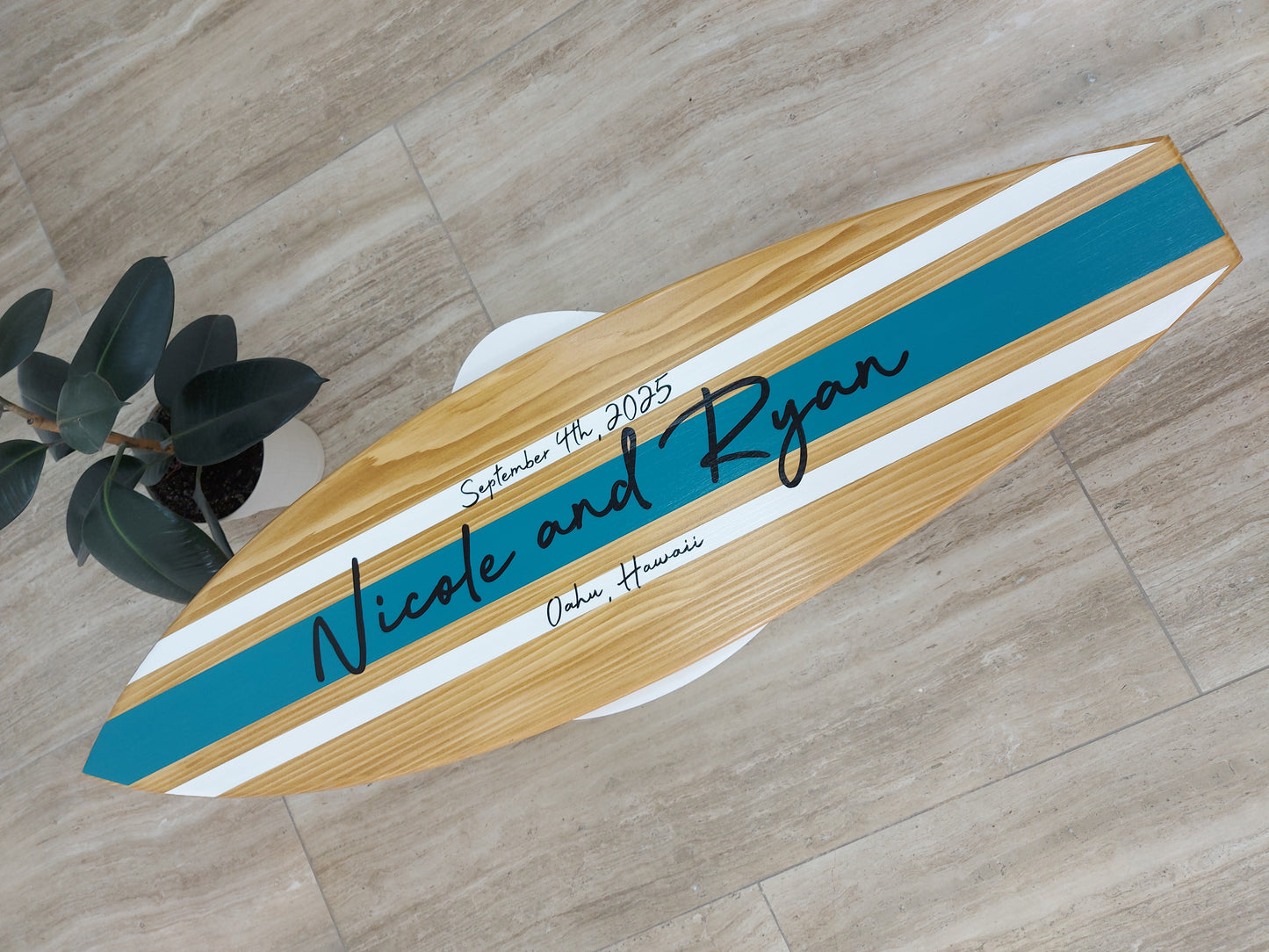 Personalized wooden surfboard wedding sign with names and date