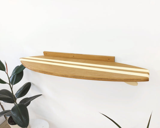 Wood surfboard shelf beach-themed décor tabletop display