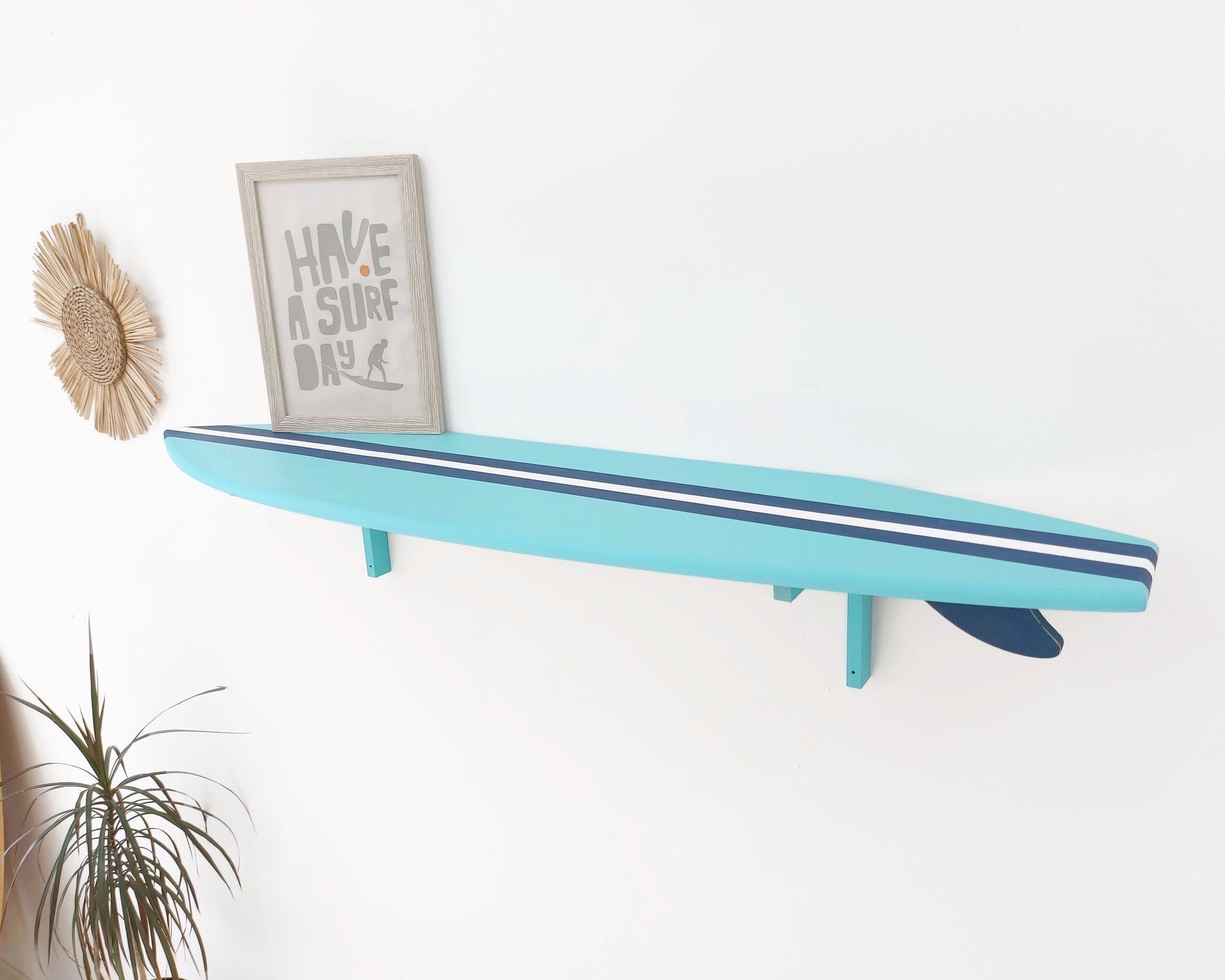 Wood surfboard shelf coral and blue beach themed wall décor