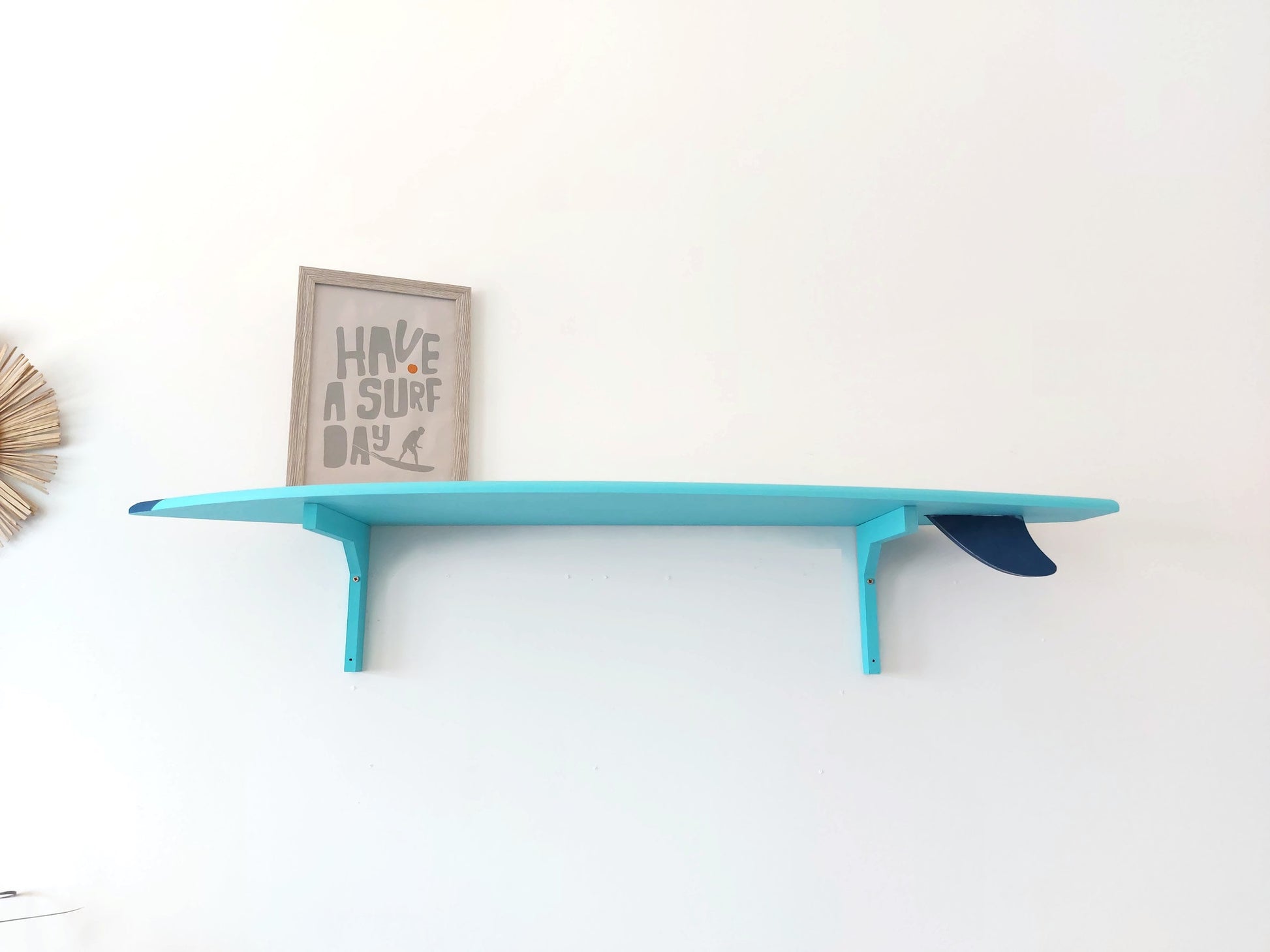 Wooden surfboard wall shelf ocean themed home décor