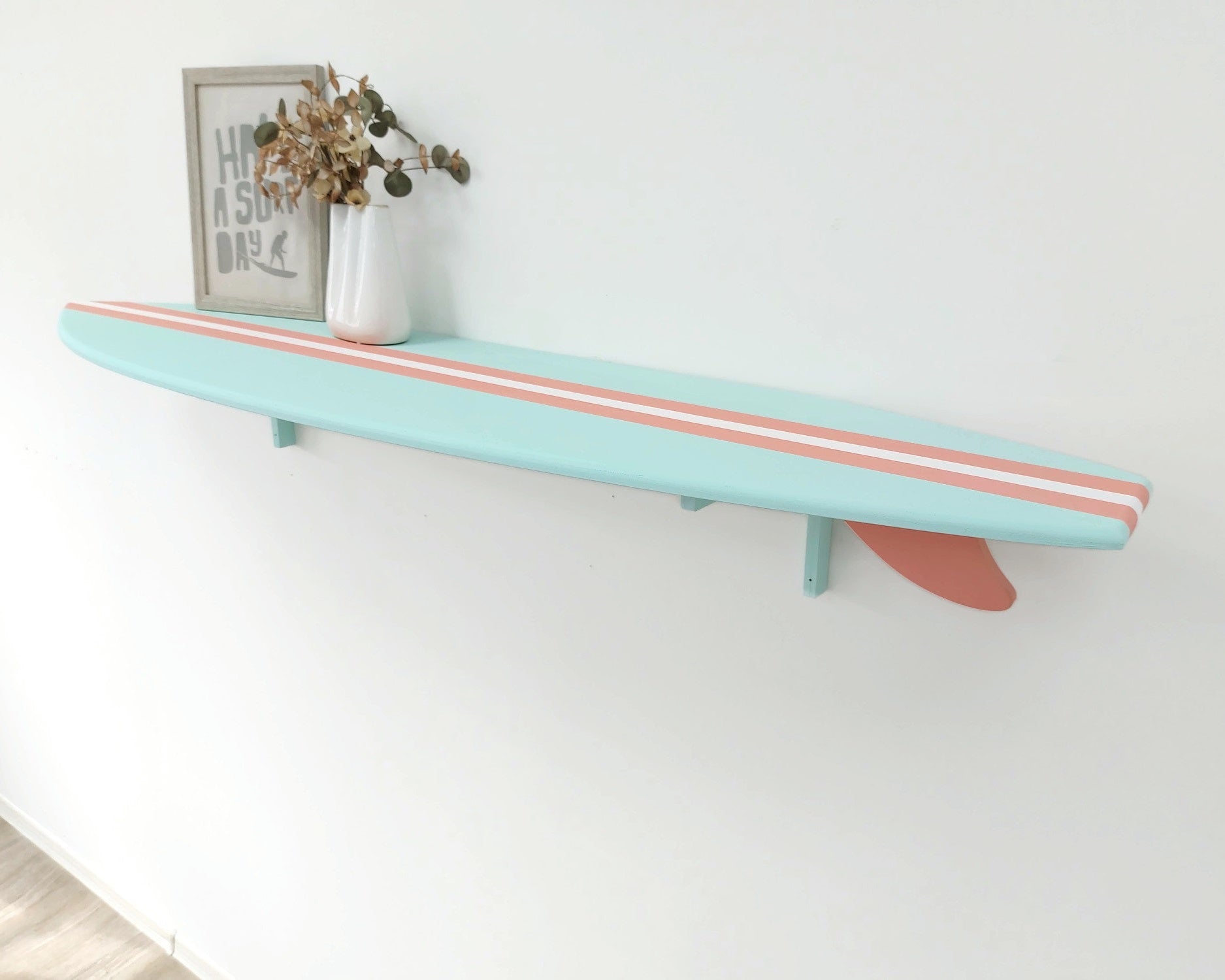 Wood surfboard shelf mint and coral beach themed wall décor