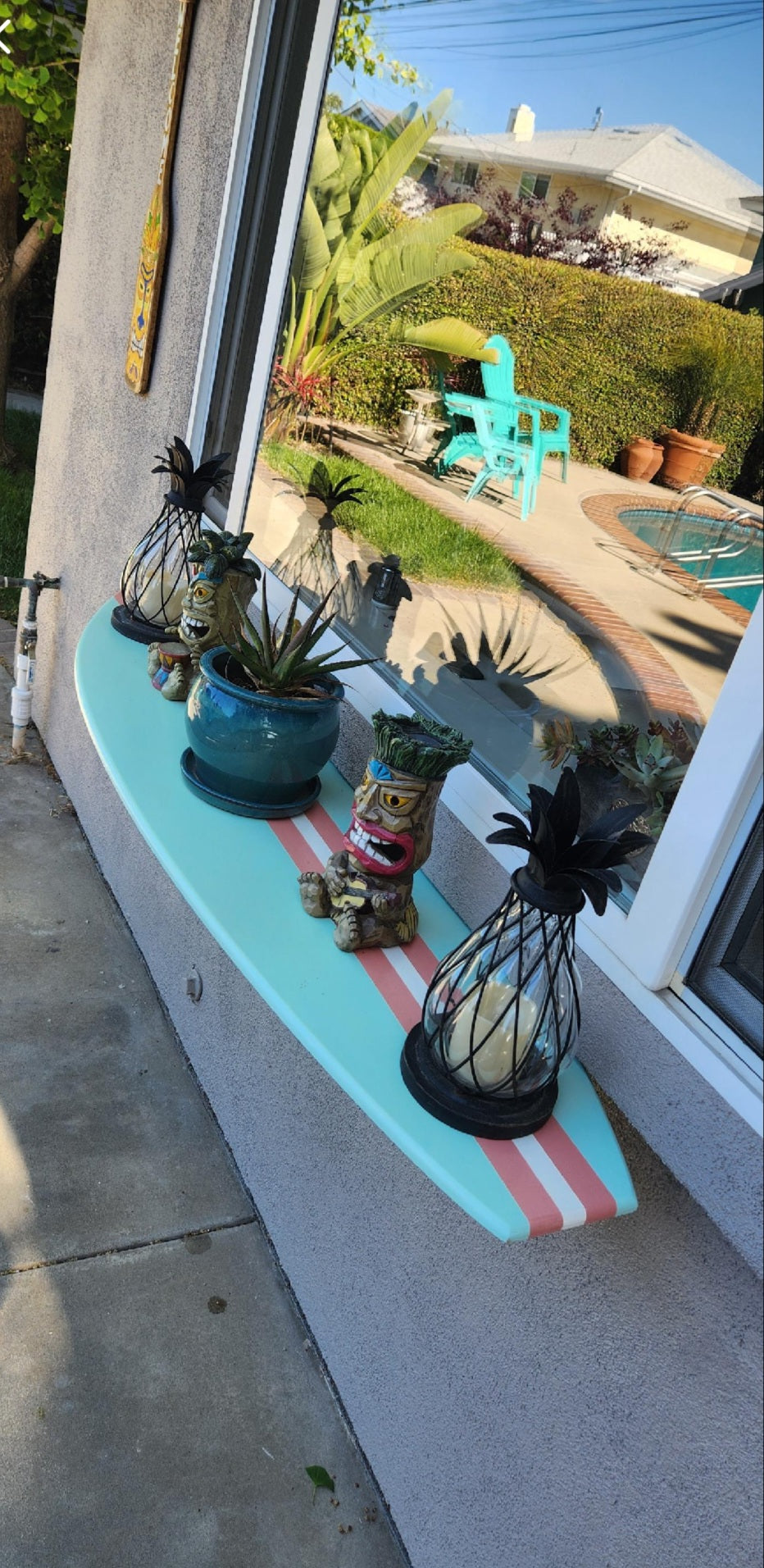 Ocean themed decor wood surfboard shelf mint and coral tones