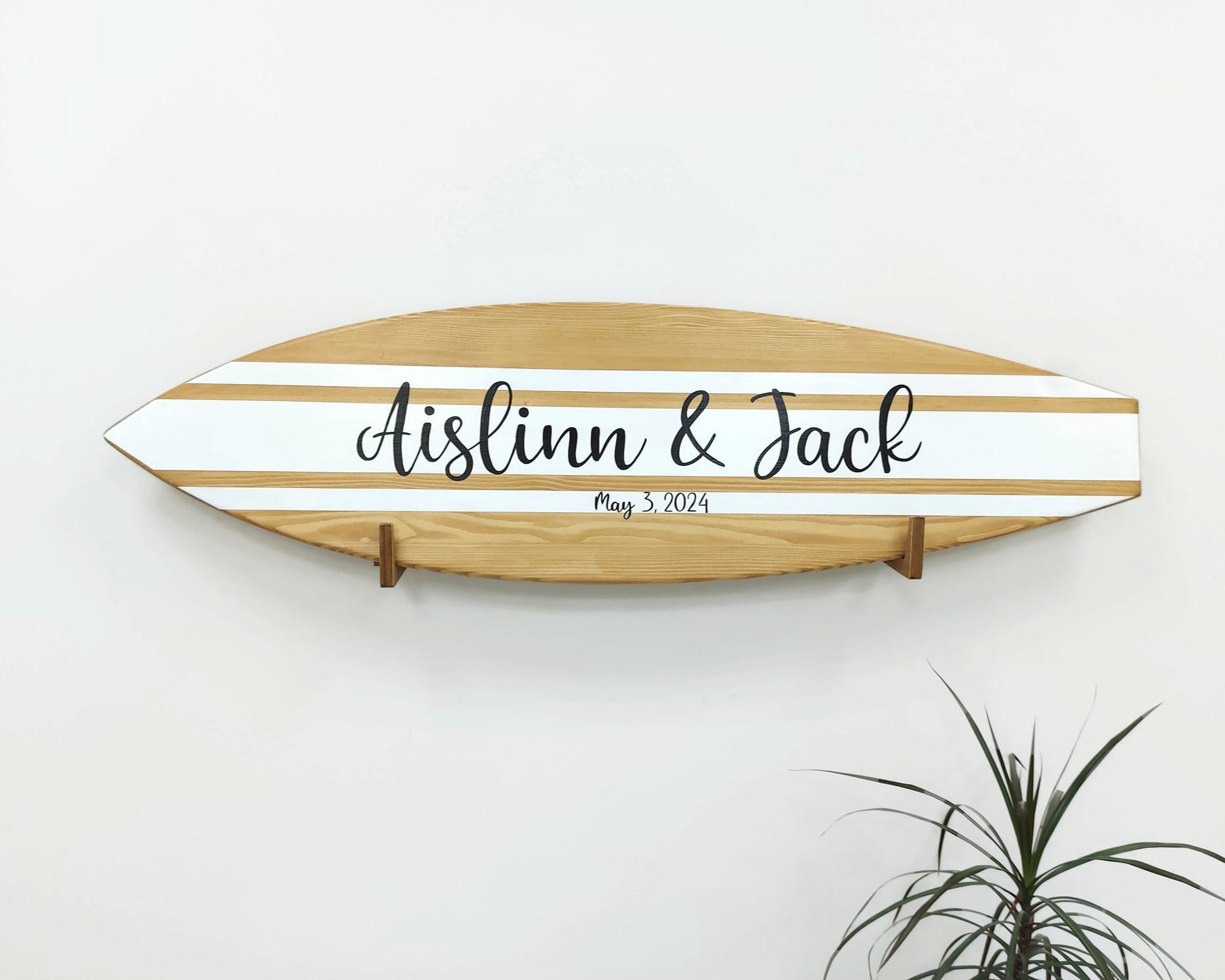 Wooden surfboard wedding guest book alternative with custom names