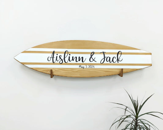 Wooden surfboard wedding guest book alternative with custom names